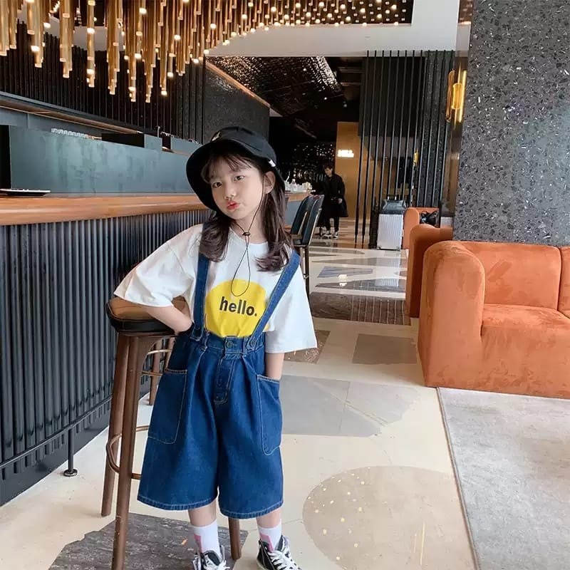 Promo !! Setelan overal anak cewek/ setelan overal hello smile import uk 120 uk 4-5thn (kuning, pink)