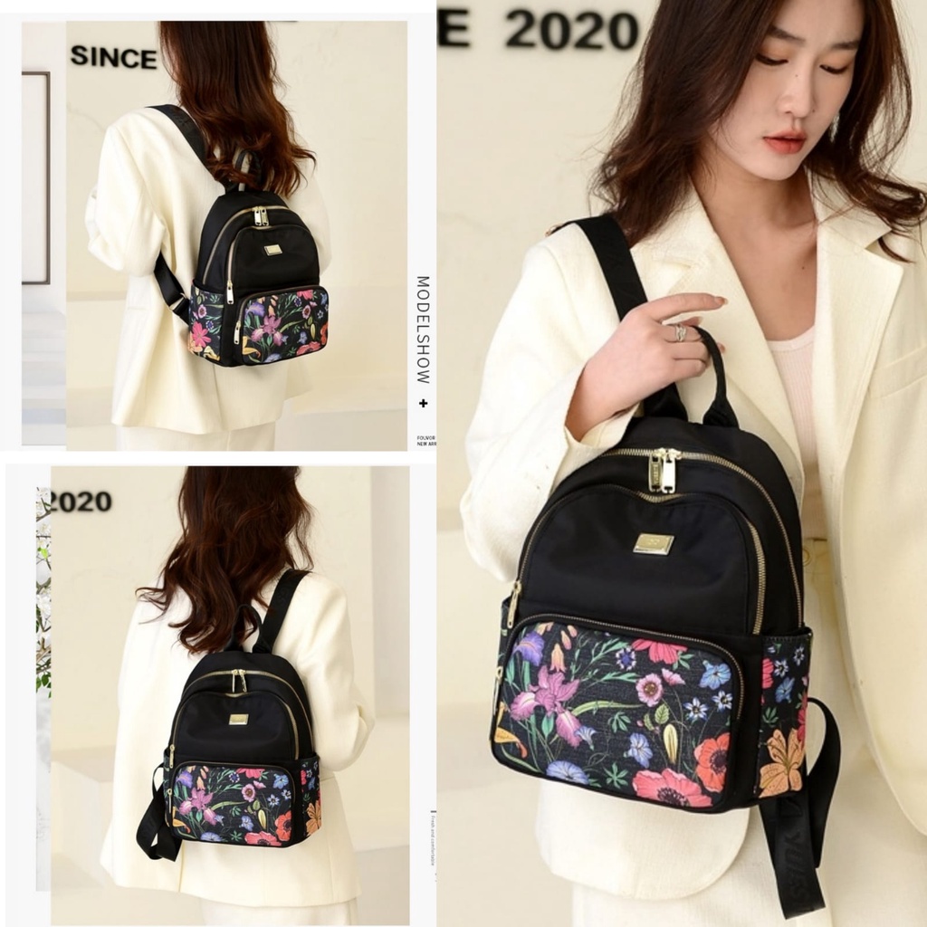 TAS RANSEL WANITA 3 RESLETING ANTI AIR MOTIF BUNGA HITAM BACKPACK LUMBIA TA573B5 CEWEK KOREA GENDONG PUNGGUNG SEKOLAH KULIAH KERJA IMPORT PREMIUM REMAJA KEKINIAN BATAM BRANDED