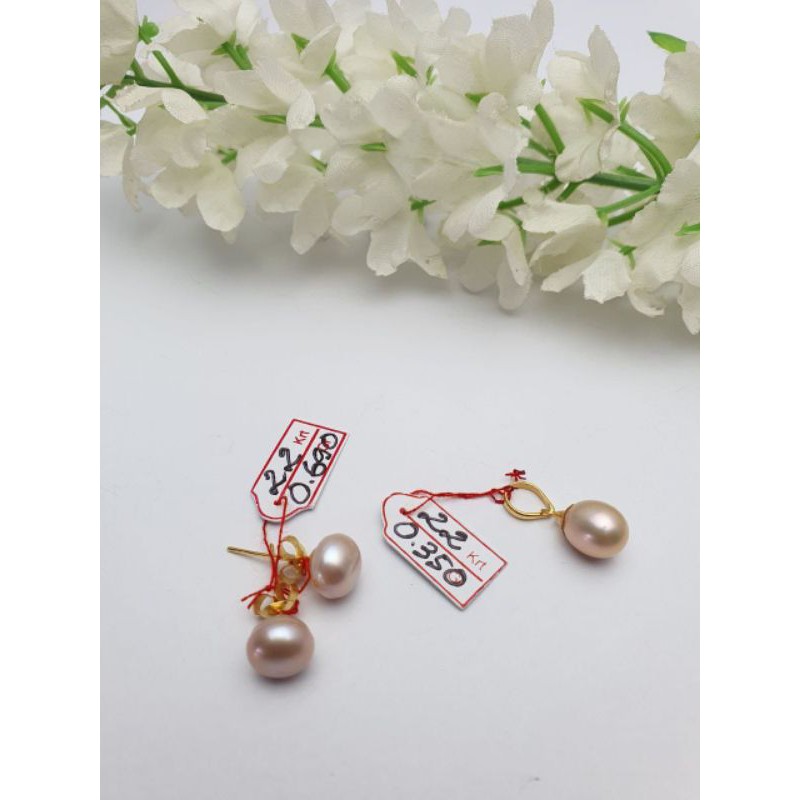 Set Liontin Giwang emas 22K Mutiara air tawar Super