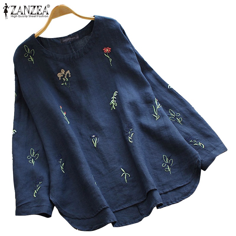 ZANZEA Women Emboridery Vintage O Neck Casual Long Sleeve Blouse