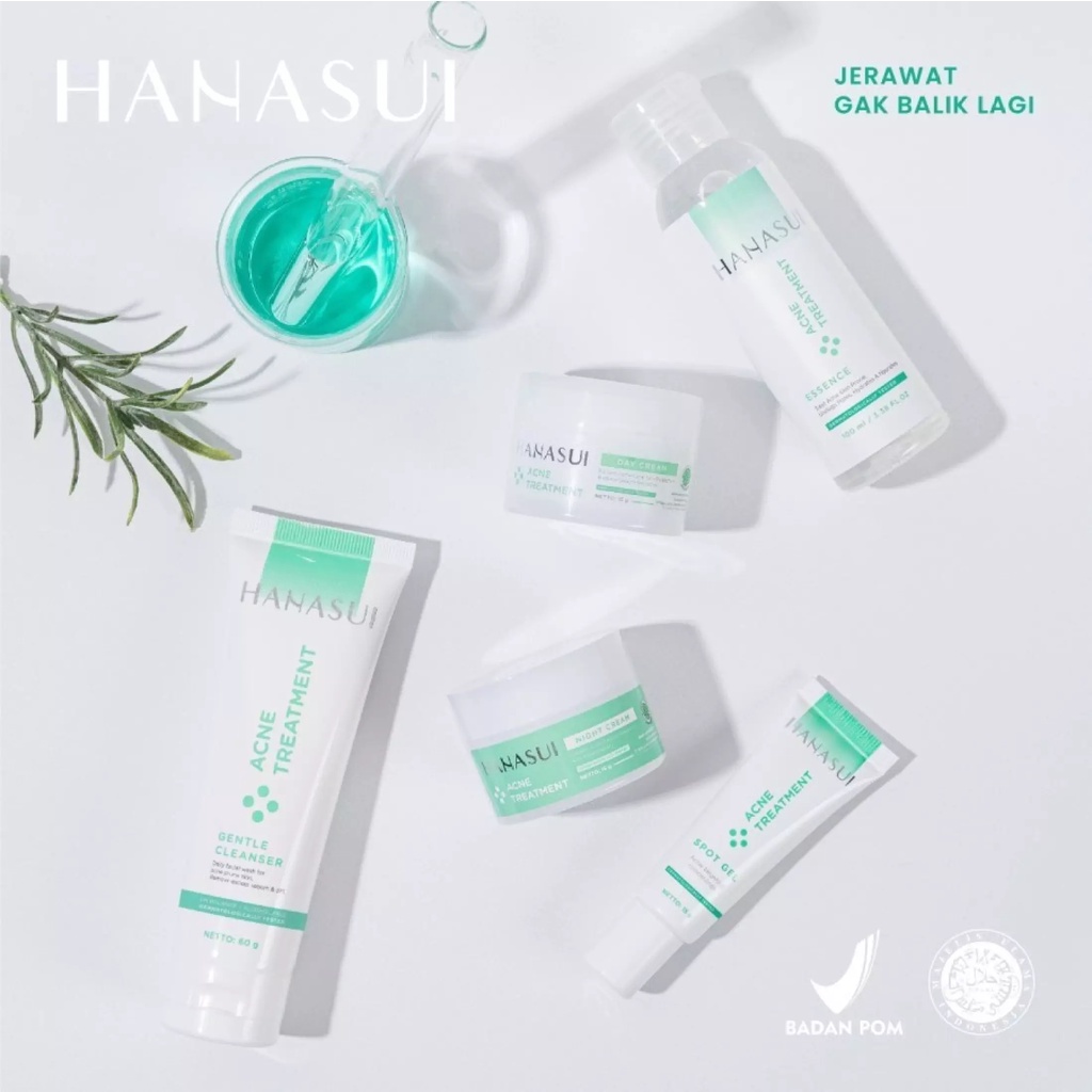 Paket Hanasui Acne Treatment 7pcs (Day Cream 15gr+night Cream 15gr+serum 20ml+Cleanser 60gr+Essence 100ml+Sport Gel 15gr+Sunscreen 30ml)