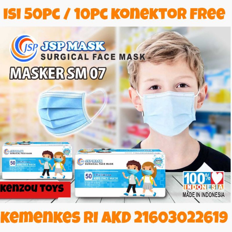 Masker Anak JSP 3ply 07 Box 50pc Free 10konektor - hijau