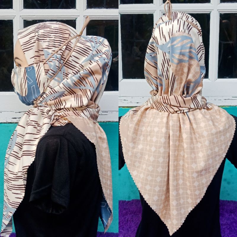 Hijab Segiempat Motif Masker / Set Masker.