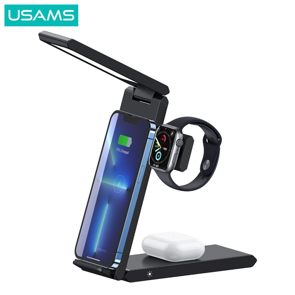 USAMS CD181 Folding Wireless Charging Stand 3in1 With Table Lamp 15W