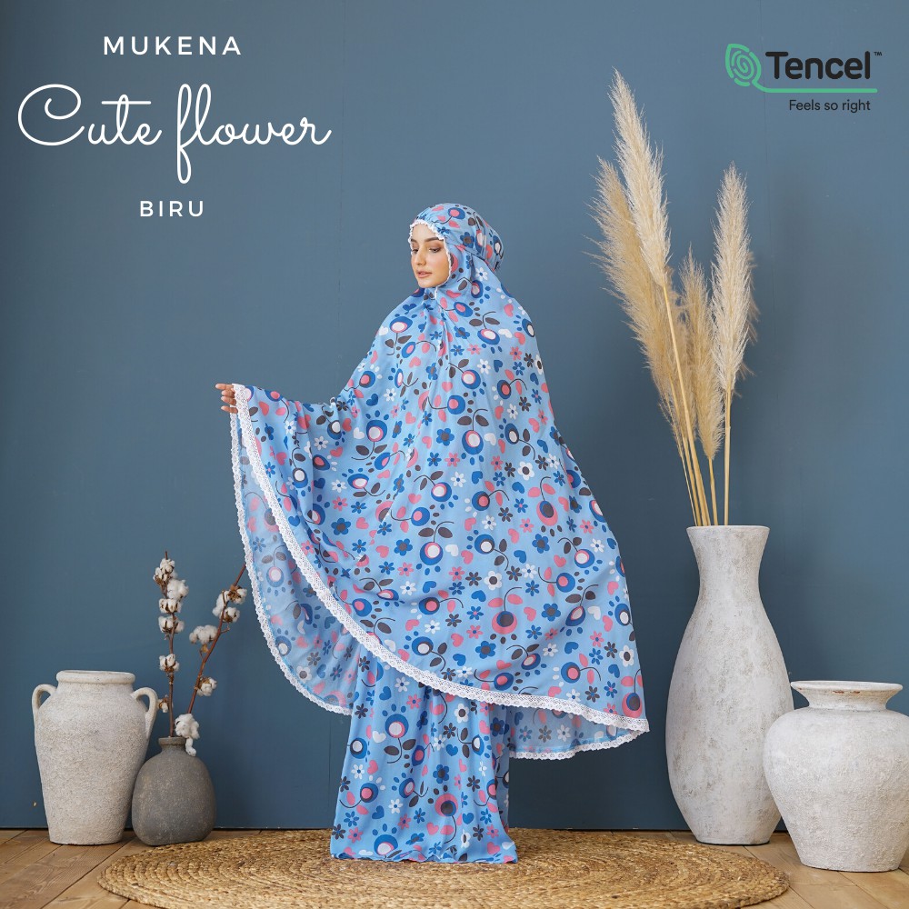 Mukena Cute Flower Biru (Free Tas Pouch &amp; Box)