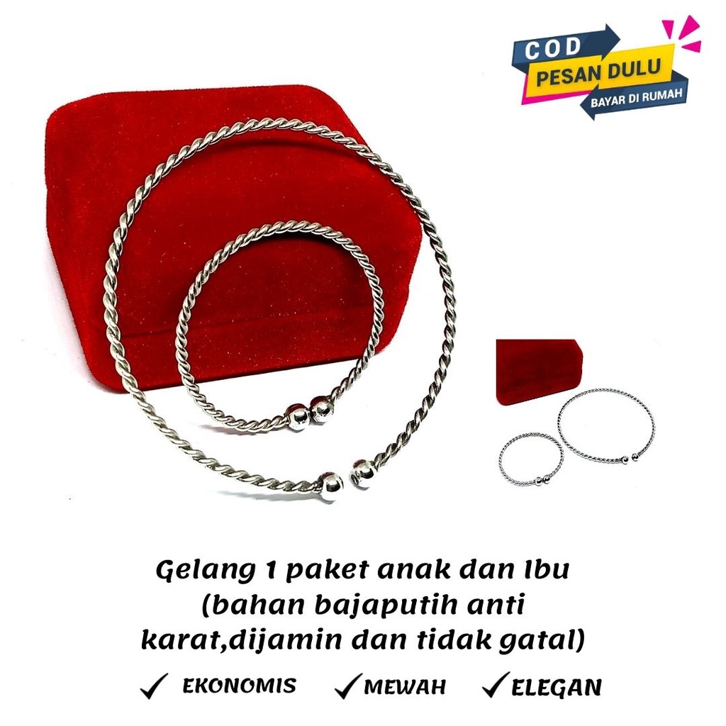 GELANG COUPLE IBU DAN ANAK BAJA PUTIH DIJAMIN ANTI KARAT,MODEL GELANG ULIR 12 CM DAN 17 CM,FLEKSIBEL,GELANG ANAK BAJA PUTIH