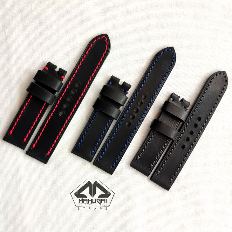 Tali jam tangan kulit / kulit asli premium / strap jam kulit hitam benang merah biru abu