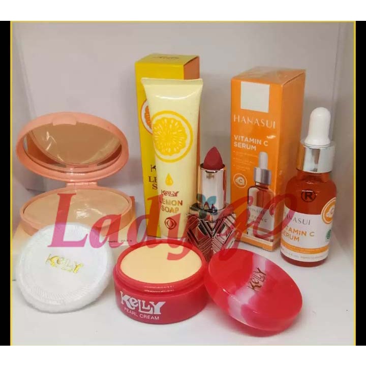 Paket Kelly 5 in 1 Plus Serum Hanasui kuning - Pearl Cream Kelly 15gr + Kelly Lemon Soap 25gr + Bedak Kelly Compact Powder + Serum Hanasui kuning Original BPOM