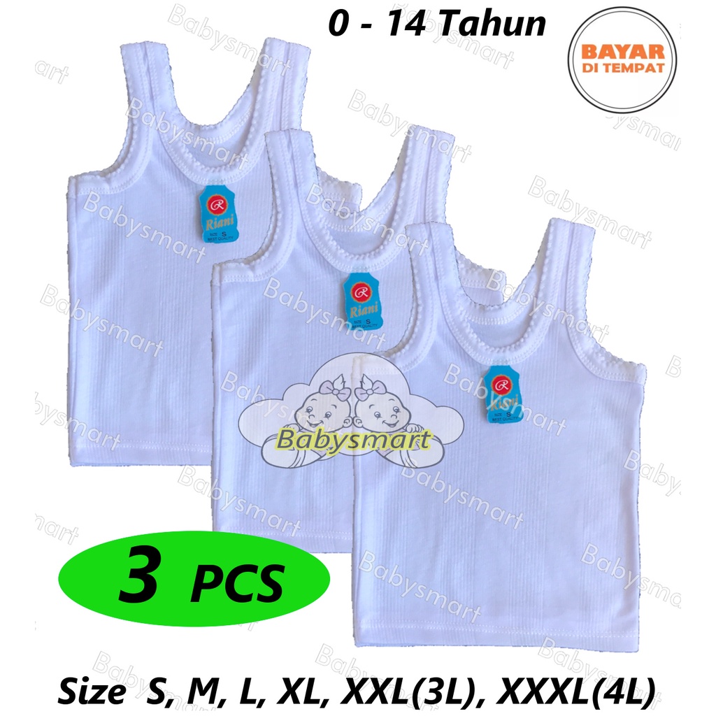 Babysmart - 3 PCS Kaos Dalam / Singlet Bayi/Anak PUTIH/WARNA RIANI/ORIN / singlet bayi new born - 13 Tahun Size S, M, L, XL, 3L, 4L