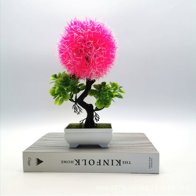 COD/BONSAI HIAS TANAMAN ARTIFISIAL BUNGA DEKORASI RUANGAN BUNGA PLASTIK POT BULAT PUTIH BP8818-Pink