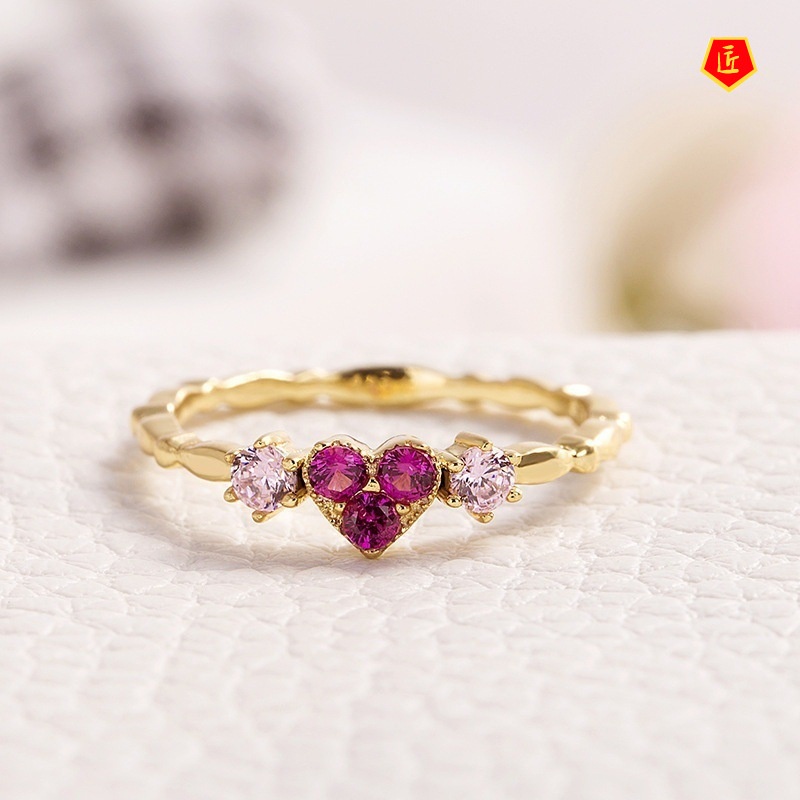 [Ready Stock]14K Gold Inlaid Colored Gems Heart-Shaped Ring Female Simple Fashion