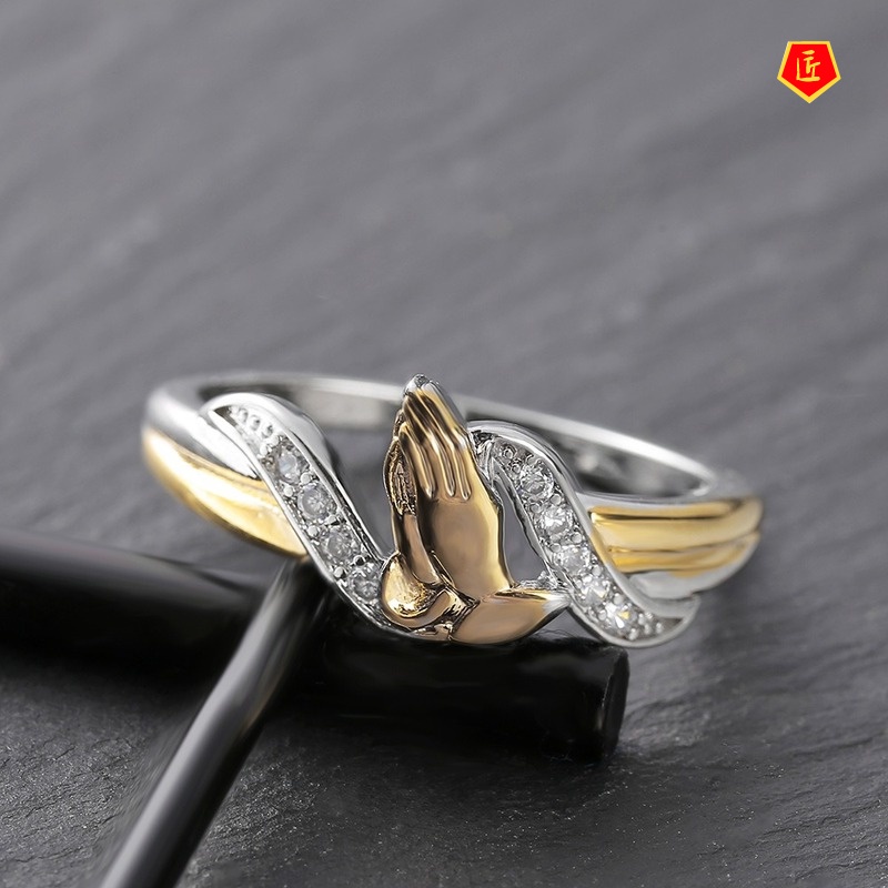 [Ready Stock]Creative Hands Prayer Color Separation Ring with Diamonds