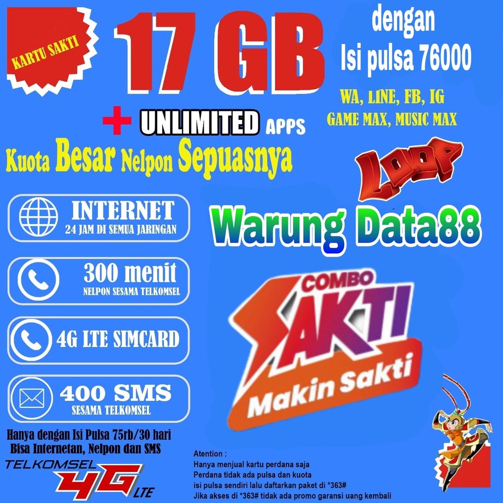 Nomor cantik SAKTI COMBO TELKOMSEL 17GB Bahan perdana Kartu AS & Loop 4G LTE