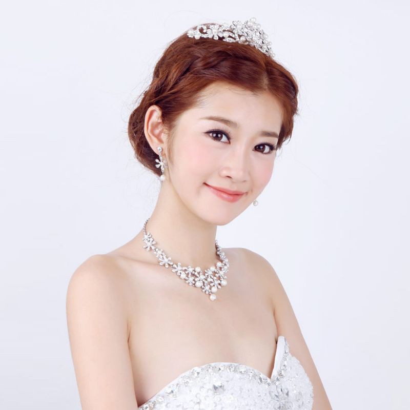 Set Perhiasan Wanita, Kalung Liontin + Anting Gantung Hias Mutiara + Berlian