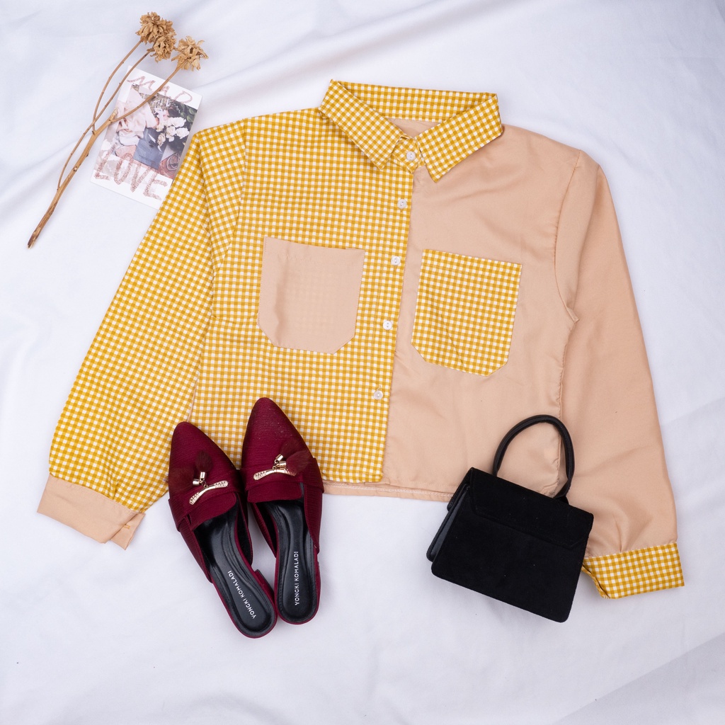 KEMEJA OLIVIA TWO TONE MOTIF TARTAN / KEMEJA CROP TOP WANITA TWO TONE