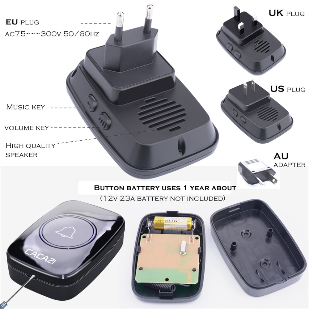 CACAZI Bel Pintu Wireless Doorbell Waterproof 2 Transmitter 2 Receiver