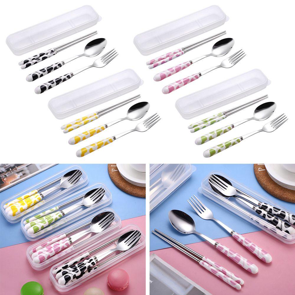 Solighter Cutlery Set Lucu Reusable Stainless Steel Ceramic Handle Alat Makan Set