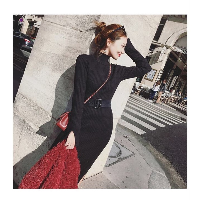 Dress Rajut Panjang Winter Knit Turtleneck dress women with belt