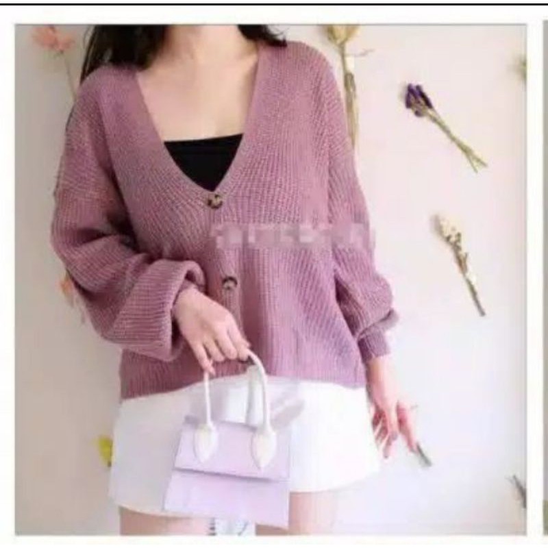 Joan Cardy Cardigan Rajut Shaby pullover crop bion outer vintage outer knitted kancing-Purple