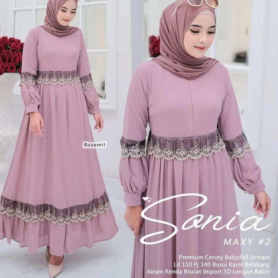 [  ] Sonia Maxy / Dress Muslim Matt Ceruty Babydoll Aplikasi Renda / Gamis Wanita Simple Kekinian U8