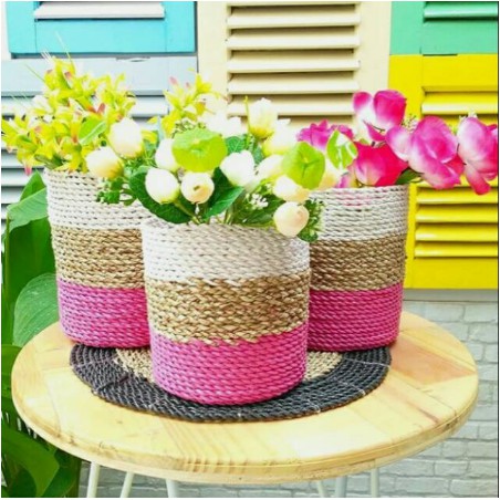 Cover pot seagrass pink combinasi set isi 3