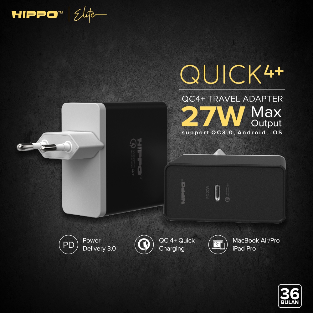 Hippo Adaptor Quick4+ PD 27W Quick Fast Charging 4.0 Travel Adapter Kepala Casan Colokan Charger Rumah type C Power Delivery QC Port Output USB C Super Fast