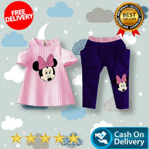 VISION ONLINE- STRIPY MINNIE PINKY/ SETELAN BAJU ANAK PEREMPUAN MURAH 1-4 TAHUN / BAJU KARAKTER ANAK