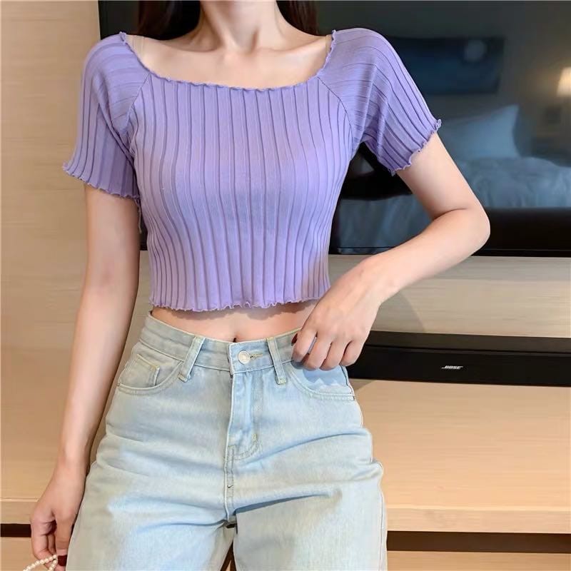 【SALE】Korean Sabrina Crop Top Atasan Wanita Lengan Pndek C051