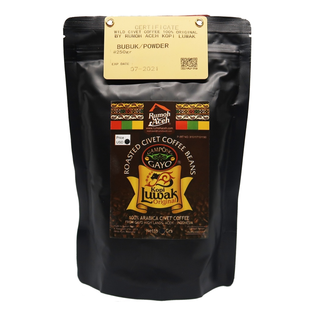 

Kopi Luwak Arabika Gayo Bubuk 100gr Kopi Rumoh Aceh Halal Organik