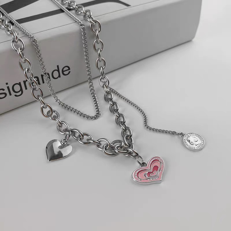 YEEZII Kalung Choker Rantai Ganda Liontin Hati Warna Pink Bahan Silver Untuk Wanita