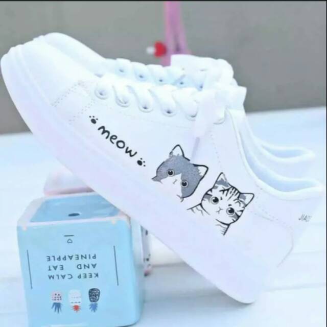 Promo Sepatu Anak Print Motif Meow Putih Abu