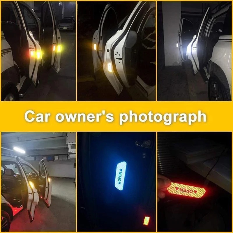 4pcs Mobil Buka Kaset Peringatan Reflektif Malam Stiker Peringatan Reflektif Tinggi prompt Stiker Pintu Mobil Aksesoris Eksterior DIY Stiker