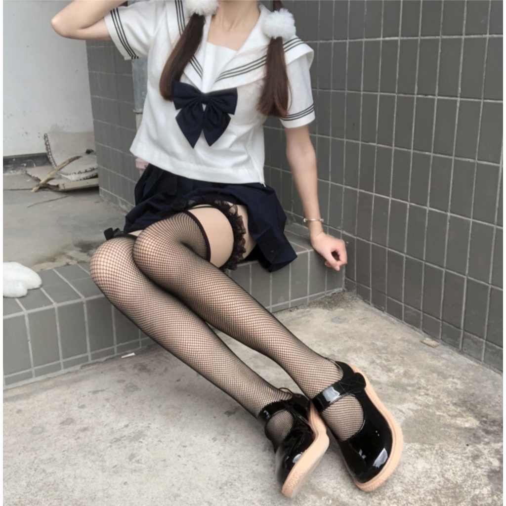 PH-48 stocking fishnet lolita hitam putih jaring pita maid lace renda japan