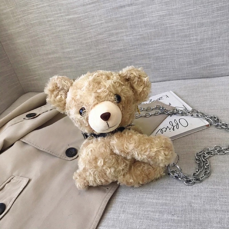 TAS BONEKA BERUANG TEDDY BEAR BULU TALI RANTAI TAS KECIL WANITA ANAK TK SD SMP WARNA COKLAT TAS BONEKA MERANGKUL NEMPLOK MELUK BADAN LUCU IMPORT KOREA STYLE