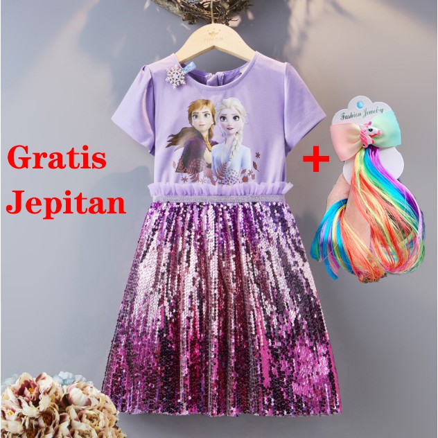 Baju Dress Anak Princess Frozen Elsa Anna Sequin Sparkle Impor