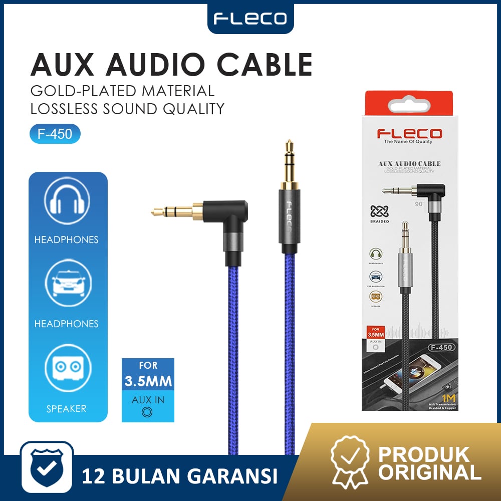 kabel aux 1 IN 1  audio metaL spring L 1M 1×1 3.5mm FLECO F-450 - Garansi 1 Tahun Rusak Ganti Baru