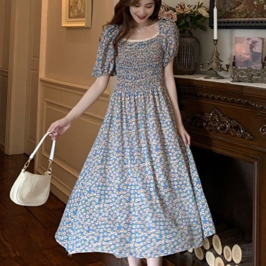 [COD] LB - New arrival korean dress / Blue korean dress flower / Flower dress blue / D075