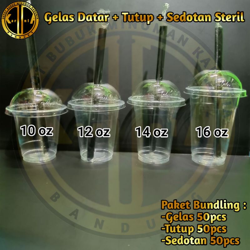 Paket 50 pcs Gelas Cup Plastik Datar + 50pcs Tutup + 50pcs Sedotan / Gelas Cup Plastik