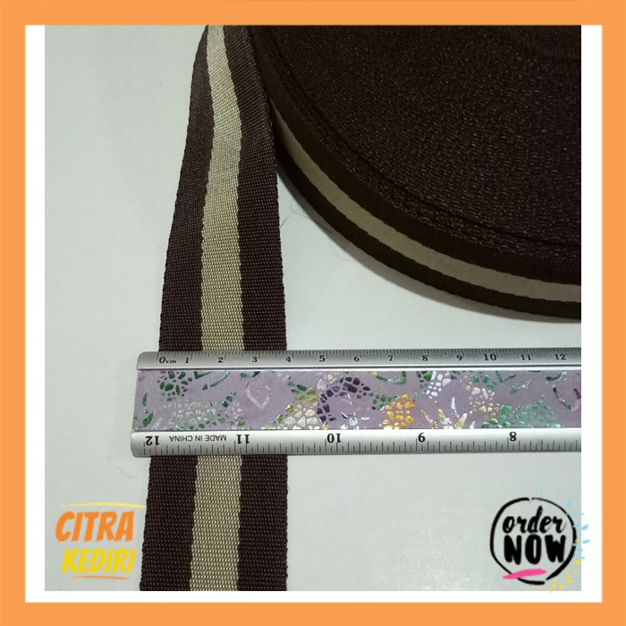 Tali Webbing/ Tali Tas  Garis Coklat Cream 3,8cm -tas kerajinan tangan aksesoris souvenir ( permeter)