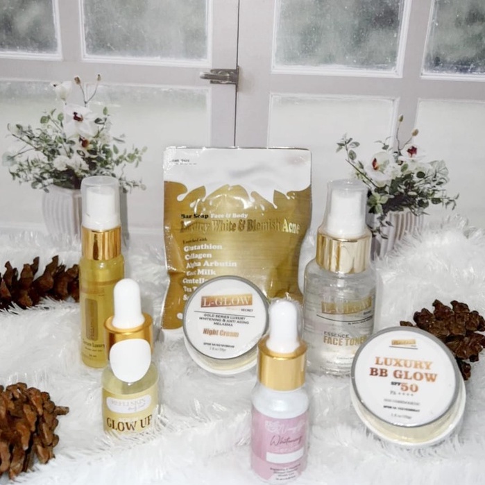 PAKET BB GLOW LUXURY SPF 50+, SERUM PROPOLIS, LGLOW AHA BODY SERUM, BAR SOAP LUXURY WHITE & BLEMISH 