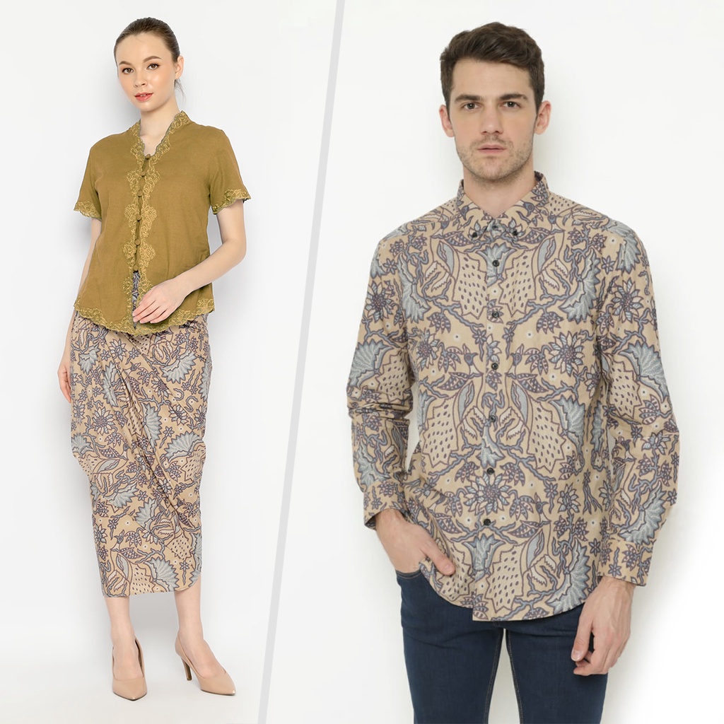 BATIK COUPLE MODERN Kemeja Rok Lilit Instan Batik Pria Lengan Panjang Premium Motif Burung Cream 721073 CAP 72