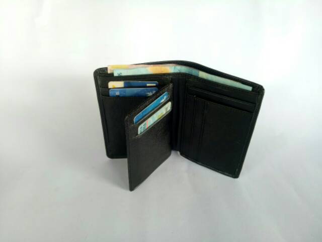 Dompet berdiri 3/4 pria kulit asli hitam dompet kartu