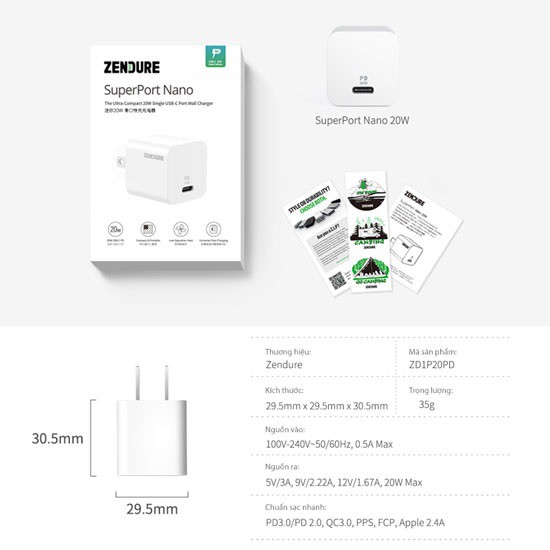 ZENDURE ZD1P20PD - SuperPort Nano 20W - Single USB-C 20W Wall Charger