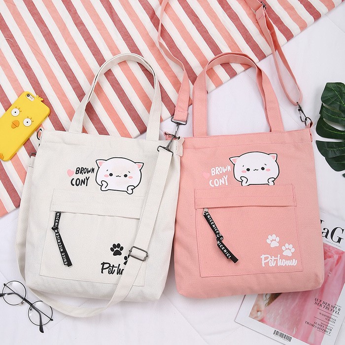 Tas tote bag selempang lucu - kucing pink
