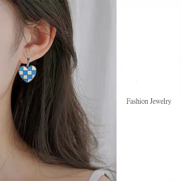 Anting Tusuk Gantung Bahan Sterling Silver 925 Desain Hati + Papan Catur Hitam + Biru Untuk Wanita