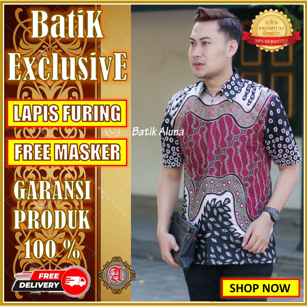 Batik Slimfit Baju Lurik Jawa Batik Aluna Premium Original Pria Lengan Pendek Lapis Furing BAPD 016
