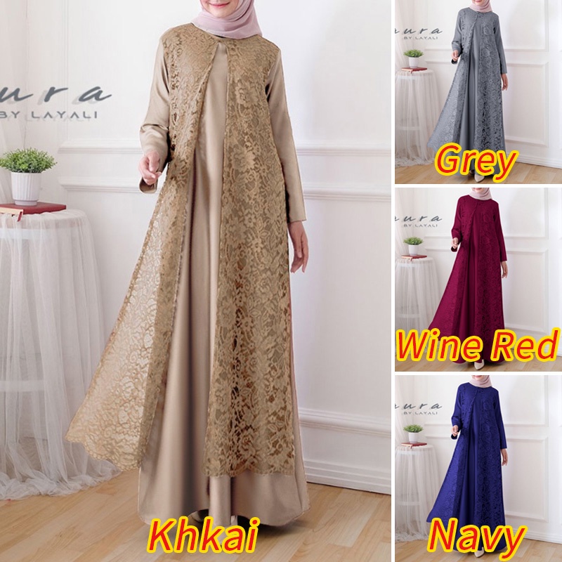 ZANZEA Women Muslim Retro Full Sleeve O-Neck Lace Patchwork Casual Maxi Dress