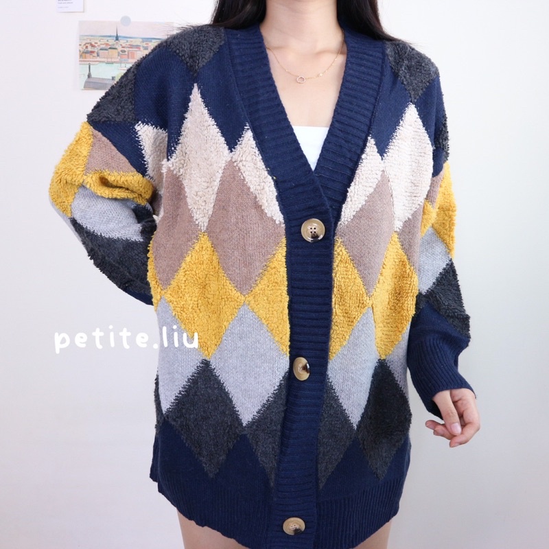 Dambi Cardigan Rajut Wanita Oversize Lengan Panjang Jumbo Premium Tebal Knit Wool Import Korean Style Motif Argyle-1