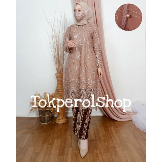 Tunik Tulle /Kebaya Tunik Bordir/Kebaya Modern/Kebaya/Kebaya Kondanagn/Baju Kebaya-Mocca