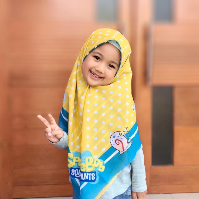 VOAL PRINTING MOTIF SPONGEBOB / HIJAB ANAK KARAKTER SPONGEBOB / JILBAB ANAK LUCU